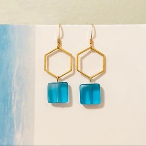 Gold Plated Hexagon Dangle Earrings Blue